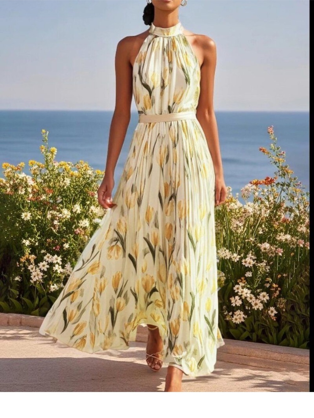 Fehaute Chiffon Halter Casual Floral Dresses Maxi Dress in Cream  Size 6
